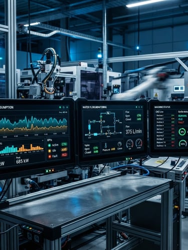 Wide panoramic shot of a high-contrast dark-mode industrial telemetry dashboard interface, showing live data streams for energy, water flow, and machine status with crisp monospaced typography and precise cyan, amber, and green status accents. The dashboard is subtly integrated into a clean, modern factory floor environment, cool blue ambient lighting, macro lens detail on data points, 35mm.
