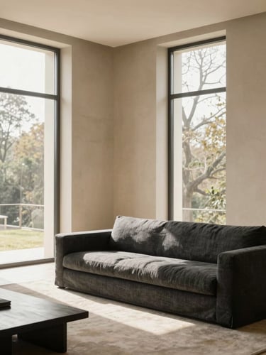 A minimalist luxury living room, soft natural daylight streaming through floor-to-ceiling windows, warm beige plaster walls, a low-slung charcoal linen sofa, brushed gold architectural details, 35mm photography.