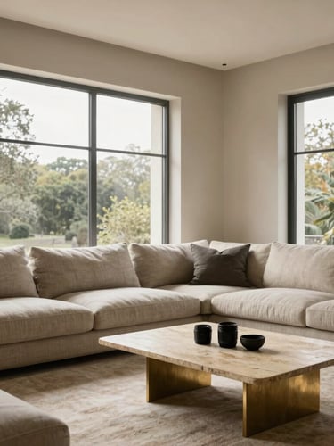 Wide-angle architectural shot of a minimalist luxury living room, soft natural daylight streaming through large steel-frame windows, textured linen sofa, brushed brass accents, raw stone coffee table, 35mm lens.