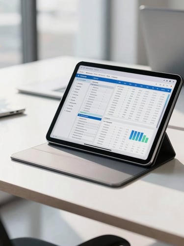 A clean, modern corporate office desk with a digital tablet showing logistics charts, bright natural daylight, sharp focus, 35mm