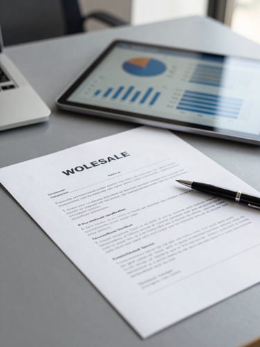 Close-up of a clean corporate workspace with a tablet displaying business charts, a signed wholesale agreement on textured paper, and a sleek pen under bright natural office daylight, sharp focus, 35mm.