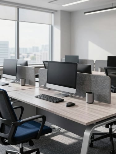 Professional corporate office environment with clean modern desks, natural daylight streaming through windows, slate gray tones, sharp focus, 35mm