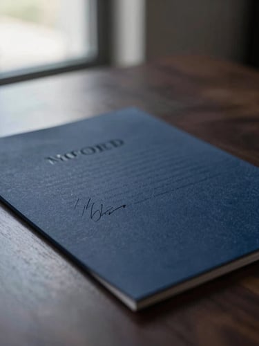 Close-up of a signed business contract on a dark wooden desk, soft side window light, deep navy tones, shallow depth of field, professional editorial photography