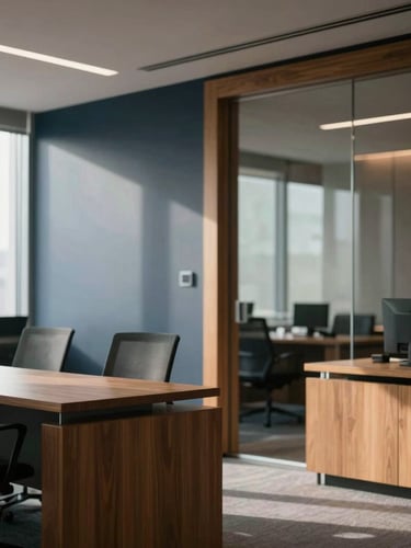 Modern corporate law office interior with warm wooden accents and glass walls, soft natural light, professional and serious atmosphere, 35mm lens
