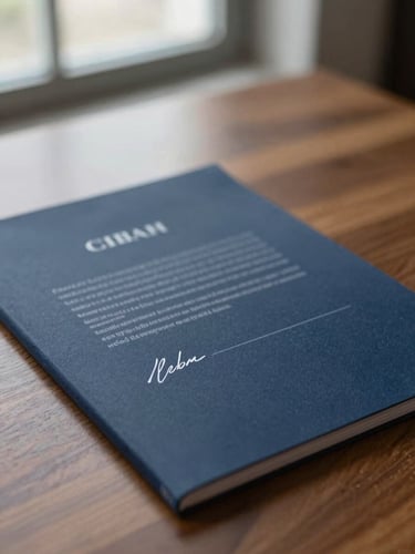 Close-up of a signed legal contract on a heavy oak desk, soft side window light, deep navy tones, shallow depth of field, professional editorial photography