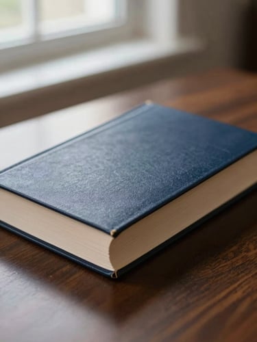 Close up of an elegant law book on a dark wood table, soft side window light, deep navy tones, shallow depth of field, 35mm lens
