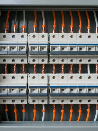 Symmetrical straight-on shot of a perfectly organized residential breaker panel, parallel copper wiring dressed in clean orange ties against a dark metal enclosure, sharp industrial lighting.