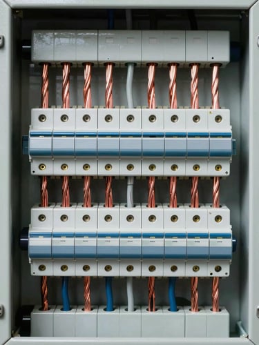 Symmetrical straight-on macro shot of a perfectly organized residential breaker panel, parallel copper wires neatly dressed and clipped in perfect rows, clean industrial lighting, high contrast.