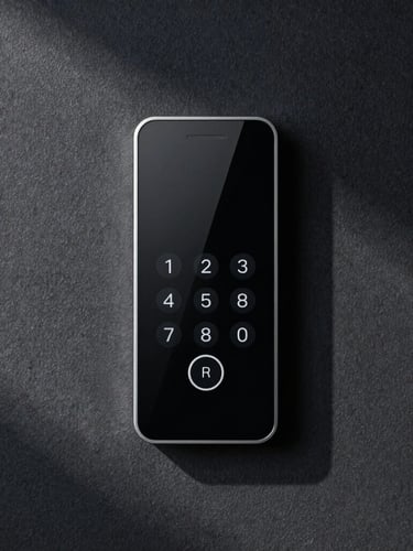 Straight-on symmetrical shot of a sleek modern smart home keypad mounted perfectly flush into a dark charcoal textured plaster wall, crisp natural light casting subtle shadows, minimal and precise architectural detail.