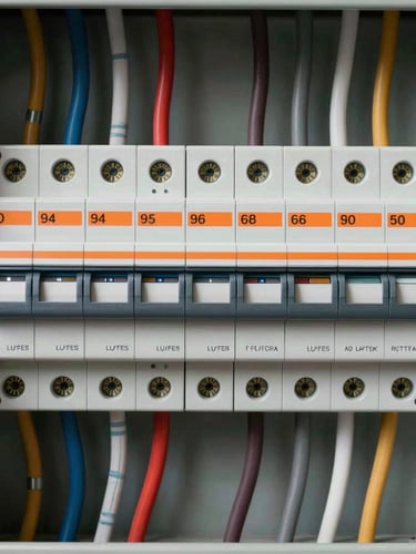 A close-up, symmetrical shot of a residential breaker panel with parallel, neatly dressed wires bent at perfect 90-degree angles, clean safety orange labels