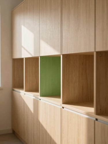 Sunlit interior of a modern shared pantry, clean wooden cabinets, minimalist design with beige and green accents, soft shadows, warm morning light, 35mm
