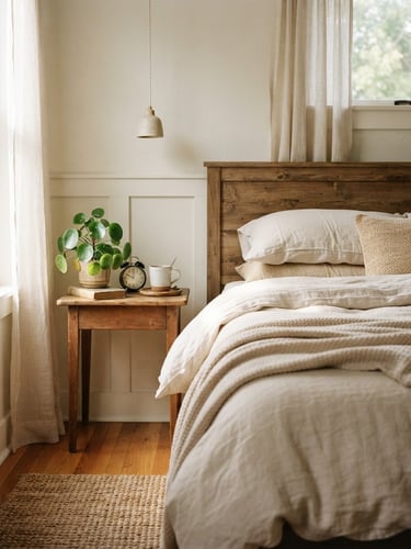 Warm editorial interior photography, soft morning window light filtering through sheer curtains onto a queen bed with clean beige linens, wooden side table with a small green plant, 35mm