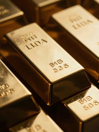 Macro close-up of physical gold bars stacked neatly, dramatic side-lighting casting deep shadows, golden reflections, premium texture, 35mm