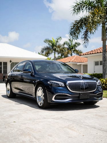 A premium luxury sedan parked in a sunlit Cape Coral driveway, bright coastal daylight, deep navy tones, crisp focus, 35mm lens