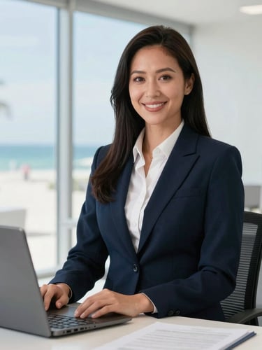 A professional insurance agent in a modern, clean Cape Coral office setting, bright natural coastal light, smiling confidently.