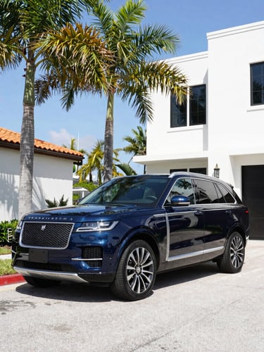 A luxury family SUV parked under palm trees near a modern Cape Coral waterfront home, bright clean coastal daylight, premium editorial photography