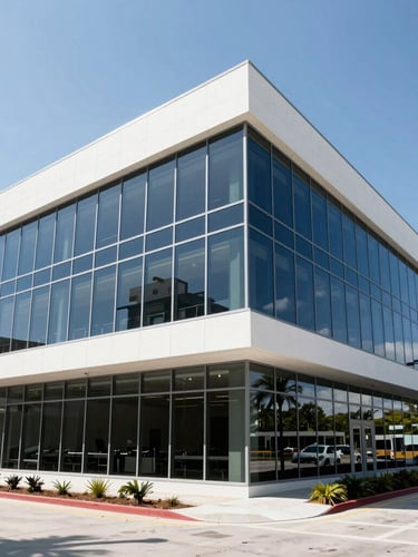 Wide panoramic shot of a premium modern office exterior in Cape Coral Florida, clean glass facade under bright coastal daylight, soft shadows, professional insurance-themed ambiance