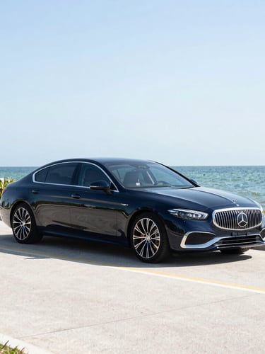A sleek luxury sedan parked along a clean, sunlit Cape Coral coastal road during bright morning daylight, crisp editorial focus.