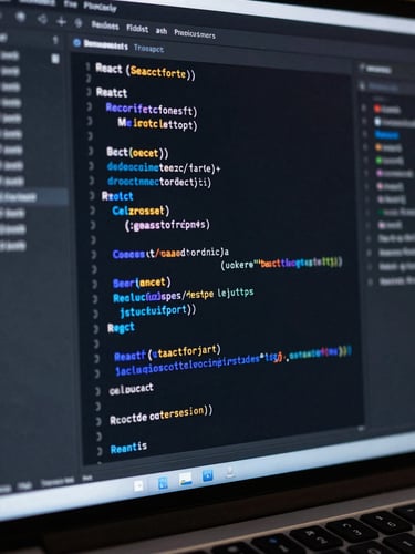 A high-contrast dark mode code editor showing structured React and TypeScript components, clean indentation, subtle blue and indigo syntax highlighting, shallow depth of field, professional developer setup.