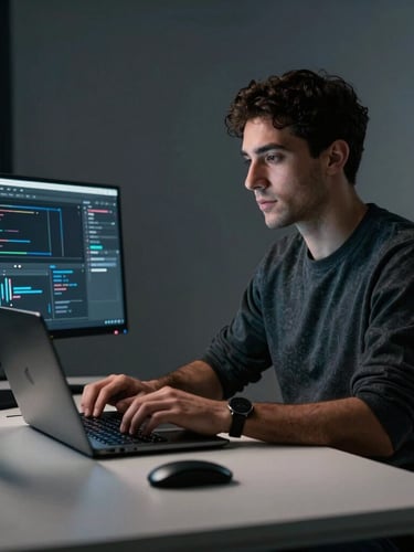 A professional, high-contrast portrait of a software engineer working at a clean desk in the Fès studio, cool-toned screen-glow highlighting their face, dark-mode editor visible on screen, sharp studio shadows.