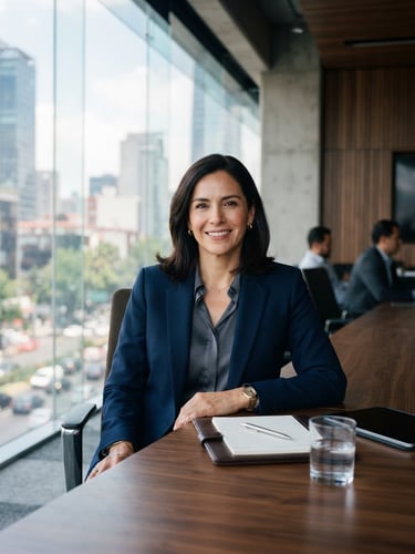 Portrait of a confident Mexican female executive in a modern glass boardroom, crisp architectural light, deep navy and cool gray tones, sharp focus, 35mm