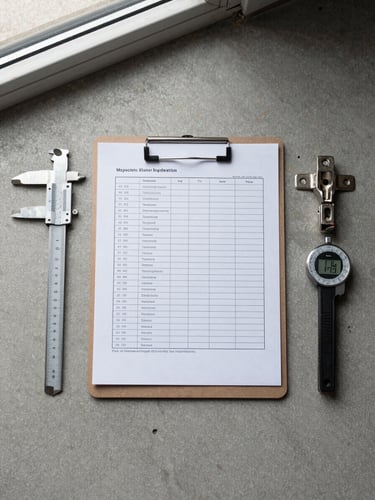 Overhead flat-lay on a grey concrete floor: steel measurement callipers, a printed inspection checklist on a clipboard, a digital gap gauge, and a door hinge removed for inspection, natural daylight from a high window, sharp documentary framing
