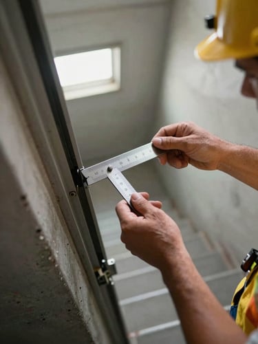 Close overhead view of a surveyor's hands holding a steel gap gauge against a fire door frame edge in a commercial stairwell, natural overhead ambient light, concrete walls, door seal detail sharp in foreground