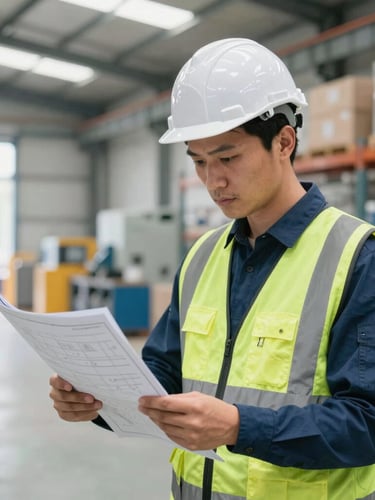 Professional industrial engineer in safety gear checking technical drawings in a bright factory warehouse, medium-close shot, 35mm lens.
