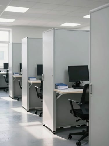 Bright natural daylight photo of an organized industrial office archives room, professional corporate setup, sharp focus, realistic colors
