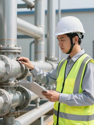 A professional engineer in a white hardhat and high-visibility safety vest inspecting an industrial piping system, bright natural daylight, realistic colors