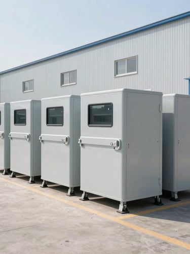 Wide-angle crisp corporate photography of a modern warehouse, clean industrial equipment stacked neatly, bright daylight, 35mm lens