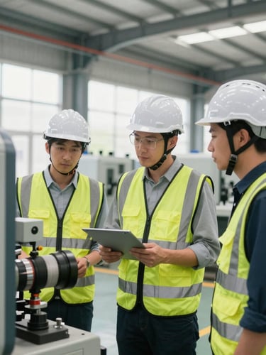 Medium shot of technical team wearing proper safety gear and helmets inspecting industrial machinery inside a bright, clean factory, professional corporate photography, 35mm lens