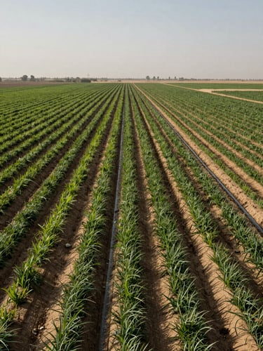 Wide panoramic view of Nile Delta agricultural fields at midday, rows of crops stretching to the horizon, irrigation channels catching flat documentary light, no people, soil visible between rows, hazy sky above flat Delta plain