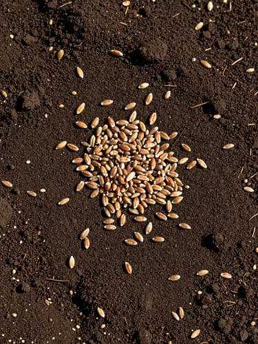 Extreme close-up overhead flat-lay of dark Nile Delta soil with raw grain kernels scattered across the surface under natural daylight, texture of earth clearly visible, documentary evidential framing