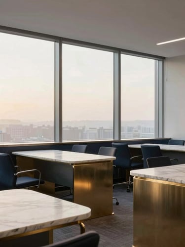 Minimalist corporate law office interior with marble tables and brushed steel accents, soft morning light filtering through high windows