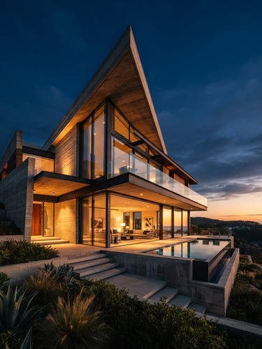 Low-angle architectural photograph of a modern luxury villa with sharp concrete lines and glass facades, reflecting warm golden hour light, deep navy sky background, 35mm lens, highly detailed.