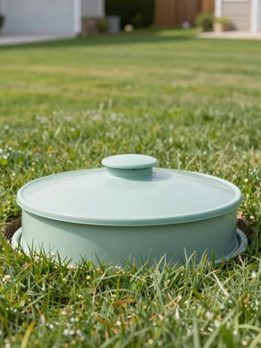 A neatly manicured suburban lawn with a subtle, modern biological wastewater treatment tank cover integrated seamlessly into the landscaping, bright natural daylight, clean pastel tones, shallow depth of field, 35mm