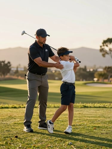 Medium action shot of a golf coach gently guiding a teenager's swing on a green, warm golden hour light, Azusa foothills visible in the background.