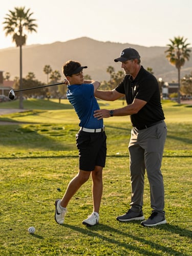 Medium shot of a diverse young golfer receiving gentle swing guidance from a coach, warm California golden hour sunlight filtering through, green fairway and Azusa foothills soft in the background.