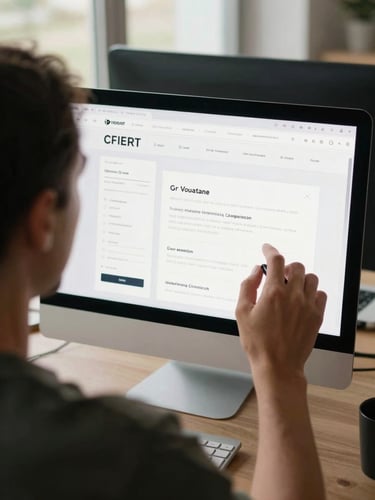 Over-the-shoulder view of a web designer working on a clean layout, soft natural window light, professional and calm atmosphere.