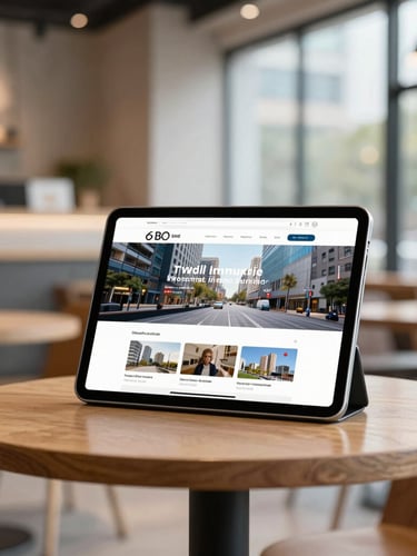 Heller, aufgeräumter Arbeitsplatz mit einem geöffneten Notizbuch, einem Füllfederhalter und einem Tablet, das ein klares Webdesign-Layout zeigt, natürliches Tageslicht von links.