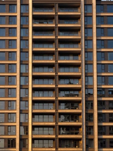 Elegant editorial architectural photograph of a modern high-end residential building facade in Bogotá, soft golden-hour daylight, rich navy and warm gold tones, sharp architectural focus, 35mm