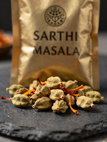 Dramatic side-lit macro of raw cardamom pods and saffron threads spilling onto a dark stone surface, with a premium gold-embossed SARTHI MASALA pouch standing elegantly in the background.
