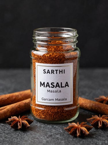 A premium glass jar of SARTHI MASALA Garam Masala standing on a dark stone counter, raw whole cinnamon and star anise scattered around, dramatic side-lighting, rich warm tones, premium editorial food photography.