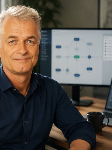 Business practitioner, Mikko Mannila, using AI and a digital workflow map to structure work.