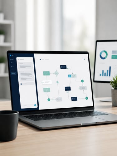 AI-assisted workflow design on a laptop with a digital process map.
