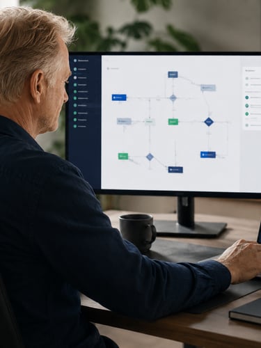 Digital workflow canvas showing AI, automation, and human-in-the-loop process design.