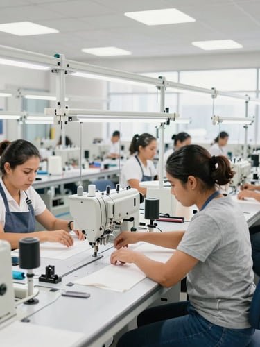 Wide shot of a clean, brightly lit modern textile factory floor in Mexico, skilled operators working on sewing lines, organized and professional environment, 35mm