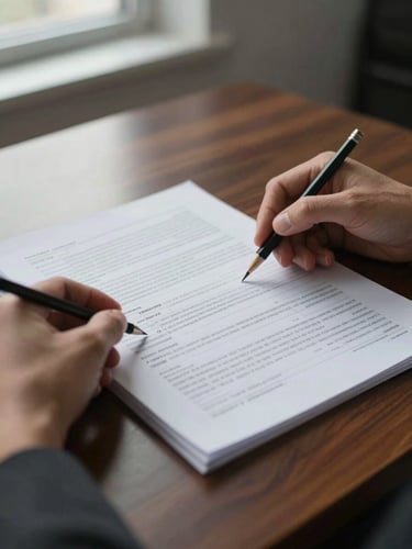 Close study of two hands reviewing a printed financial statement on a dark mahogany desk, pages partially annotated in pencil, cool north-facing window light falling across the paper from the left, minimal office background softly out of focus