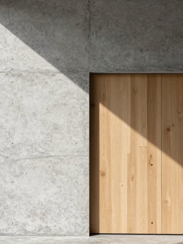 Wide architectural shot of a raw concrete wall meeting a pale oak panel, natural sidelight from an unseen window casting a precise shadow line across the joint, no furniture or objects in frame — material meeting material, shot at eye level